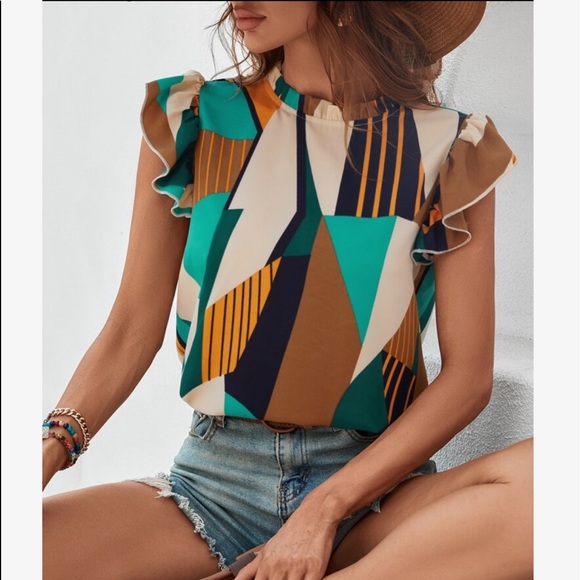 Elegant Classy Mock Neck Ruffle Butterfly Top Blouse - Picture 12 of 14